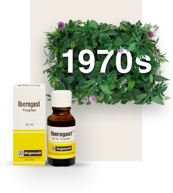 Date 1970s surrounded by leaves, bottle of Iberogast with yellow label and its matching packaging next to it.