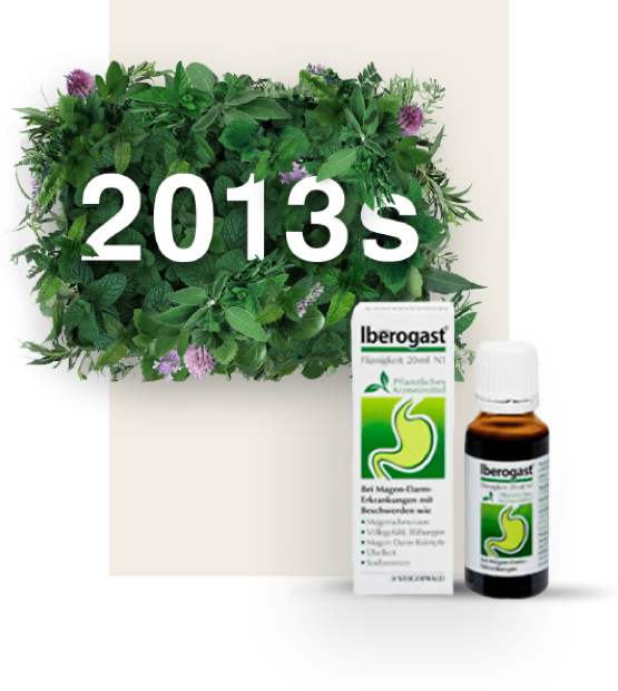Date 2013s surrounded by leaves, current white and green bottle of Iberogast with its matching packaging next to it.