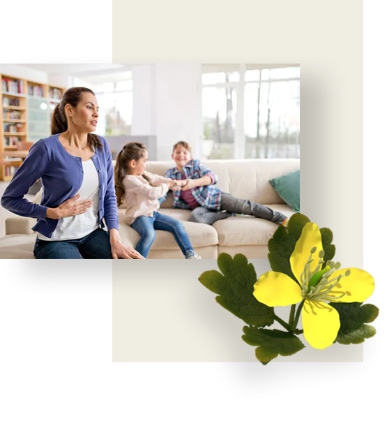 A woman, whose kids are playing in the background, suffering from flatulence.