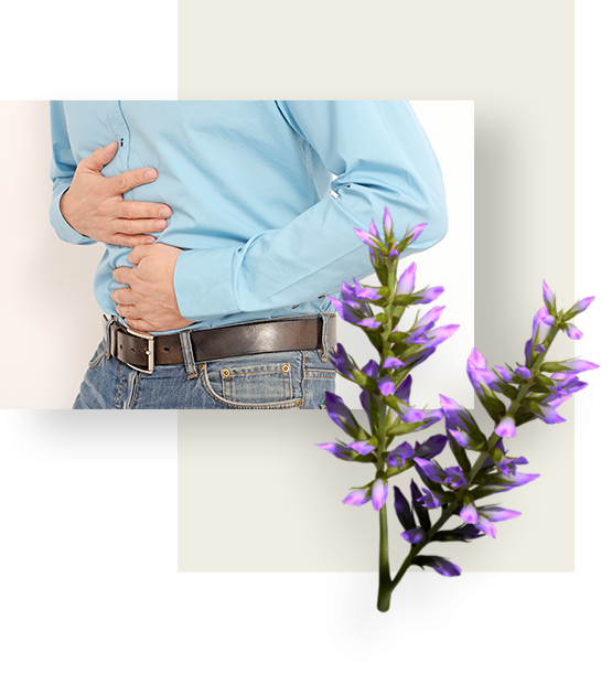 A man facing left, suffering from stomach pain.