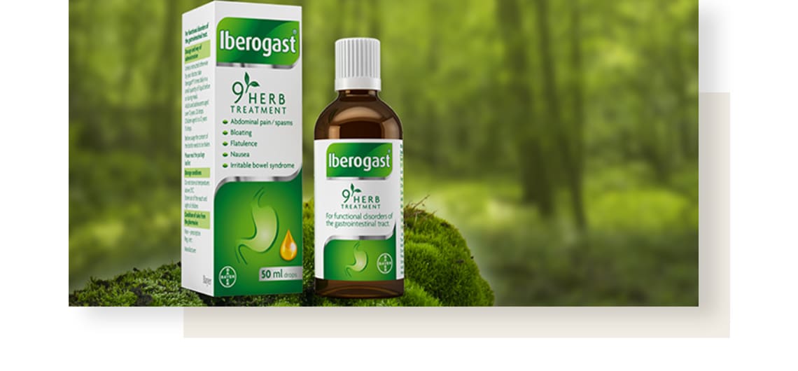 A bottle of Iberogast standing on moss, with packaging next to it, surrounded by forest.