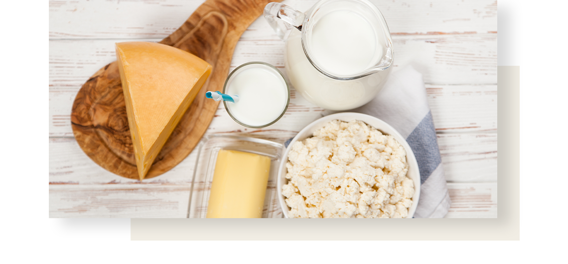 Overview of dairy products lying on white wooden table: cheese on a board, butter, milk in a glass and a jug, cottage cheese in a bowl.