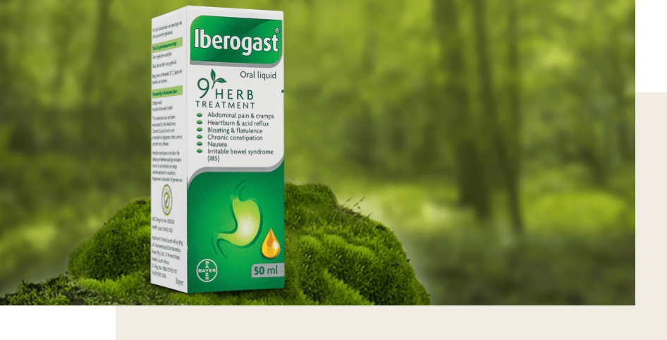 A bottle of Iberogast standing on moss, with packaging next to it, surrounded by forest.