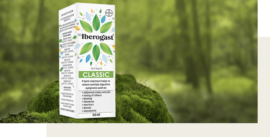 A bottle of Iberogast standing on moss, with packaging next to it, surrounded by forest.