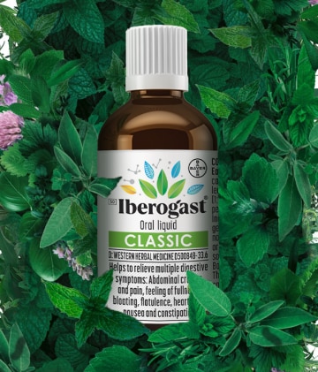 Iberogast bottle among leaves.